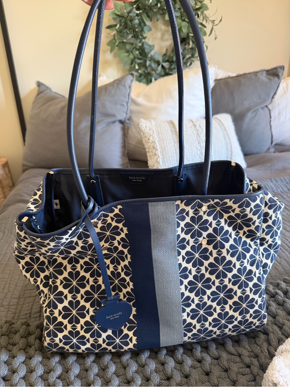 kate spade Navy and Cream Floral Canvas Tote with Center Stripe